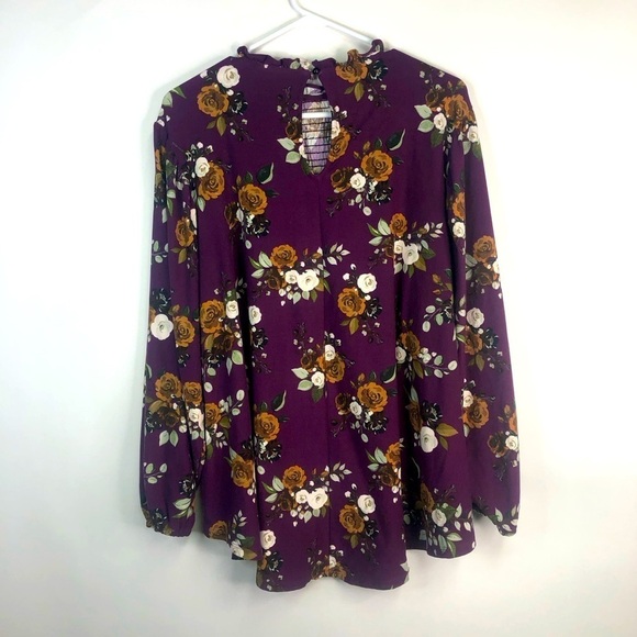 Lu La Roe plum purple floral long sleeve crew neck ruffle edge top M - Picture 3 of 10